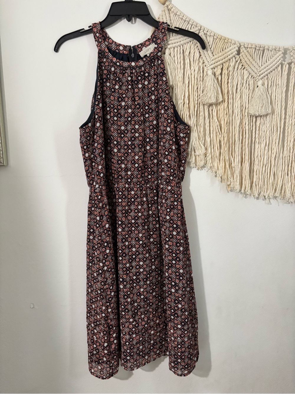 LOFT sleeveless patterned midi dress in navy and rust